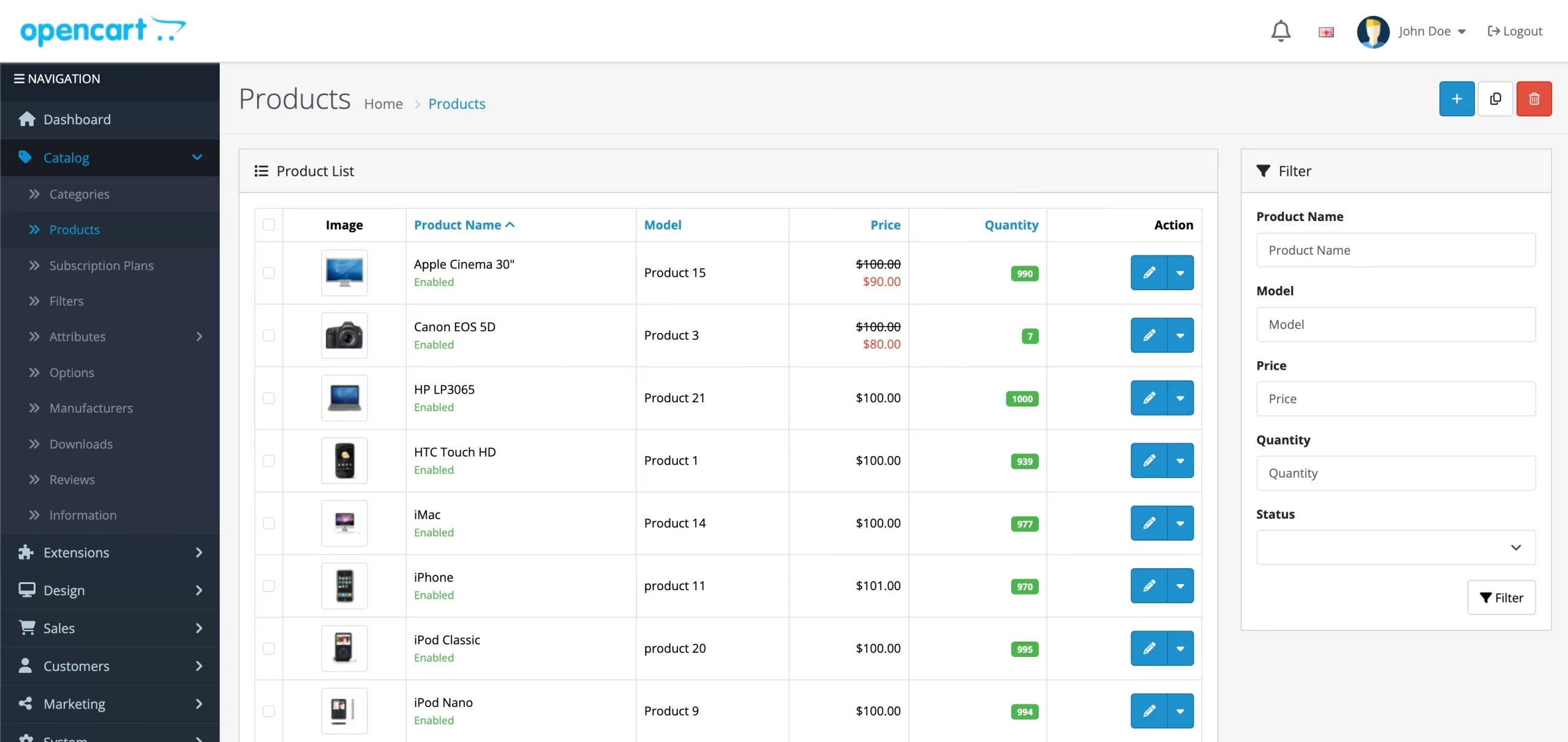 Product management is easy via OpenCart dashboard