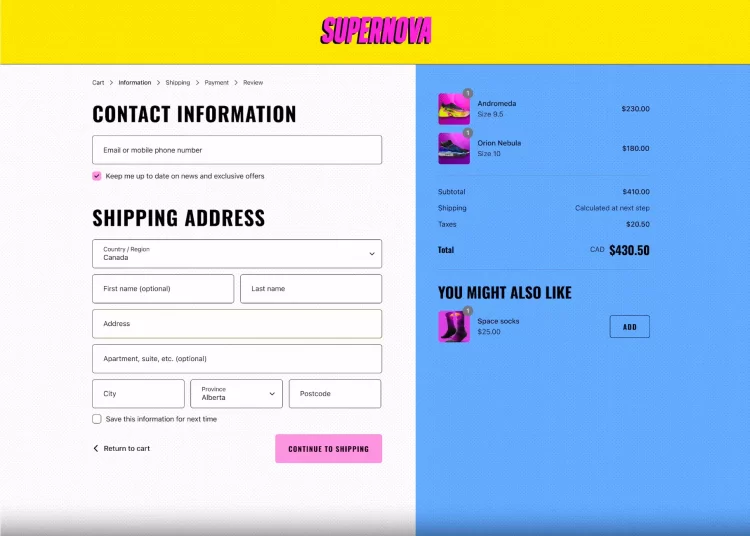 Super Nova’s vibrant checkout page customization.