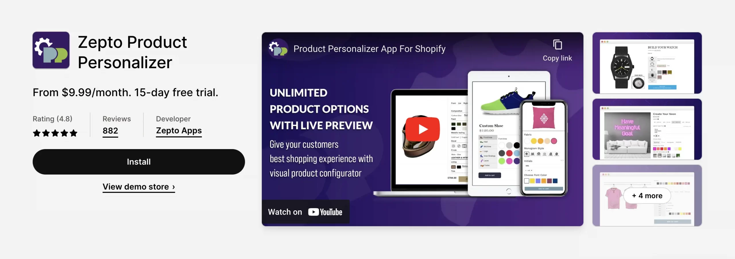 Zepto app offers unlimited product options with live preview.