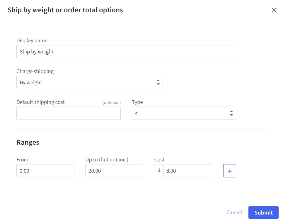 Sellers configure ship by weight or order total options