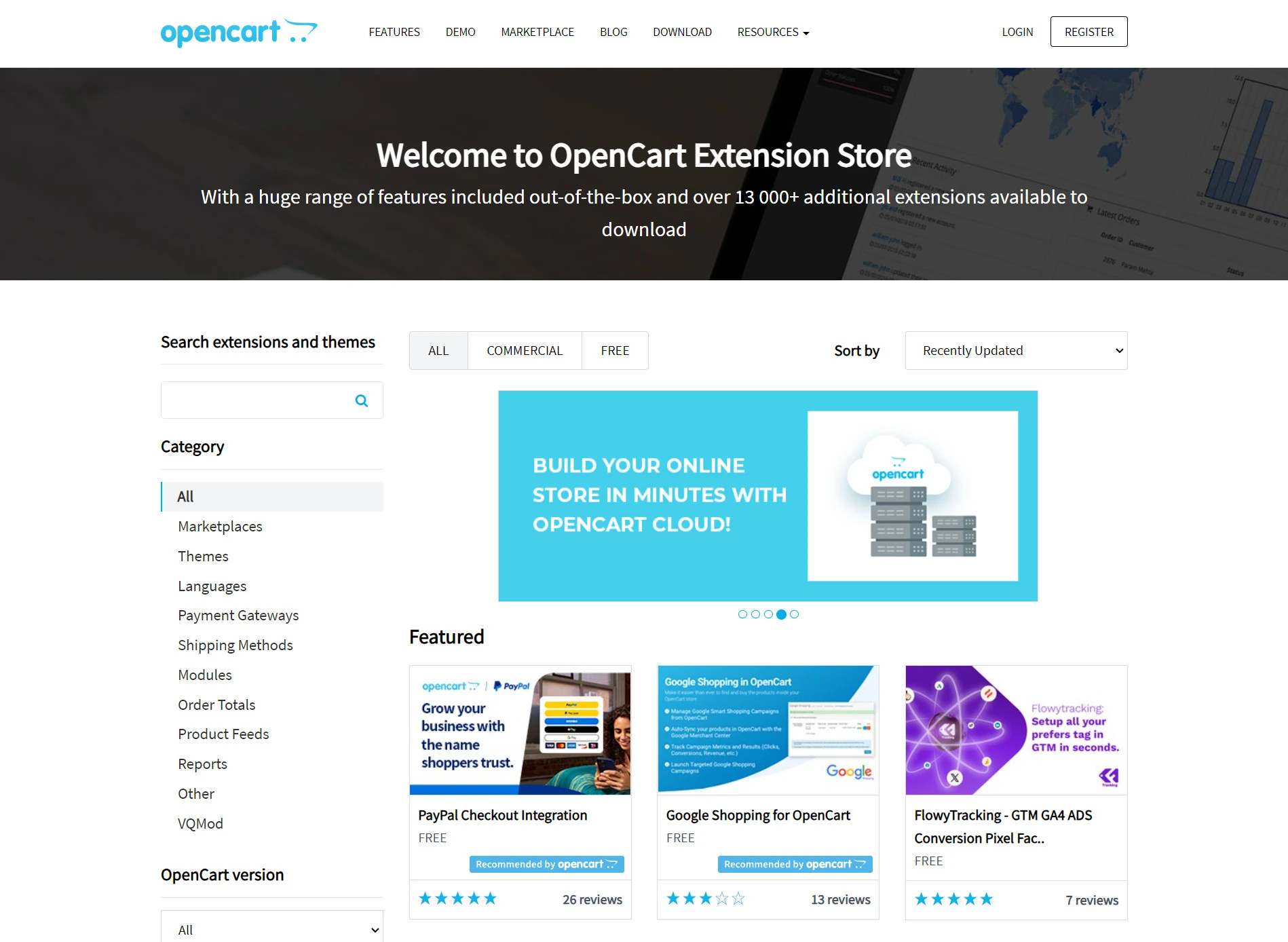 opencart extension store homepage