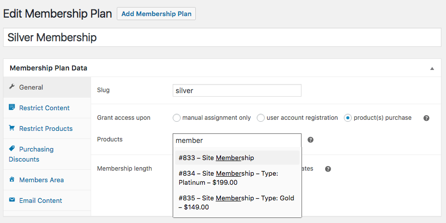 woocommerce membership plan settings