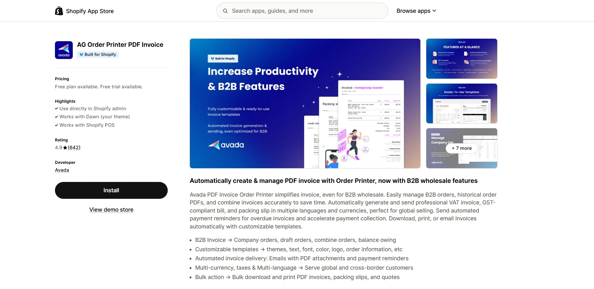 Avada Order Printer PDF Invoice app on Shopify store