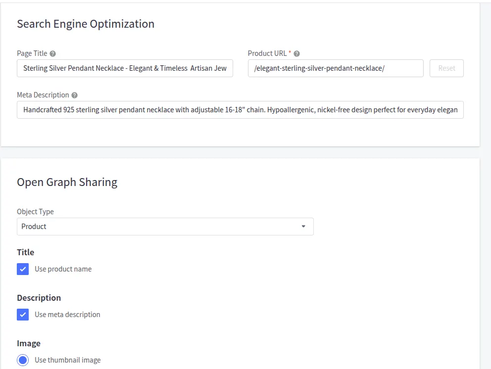 BigCommerce product SEO settings