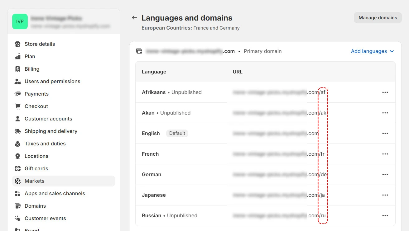 shopify markets local domain settings