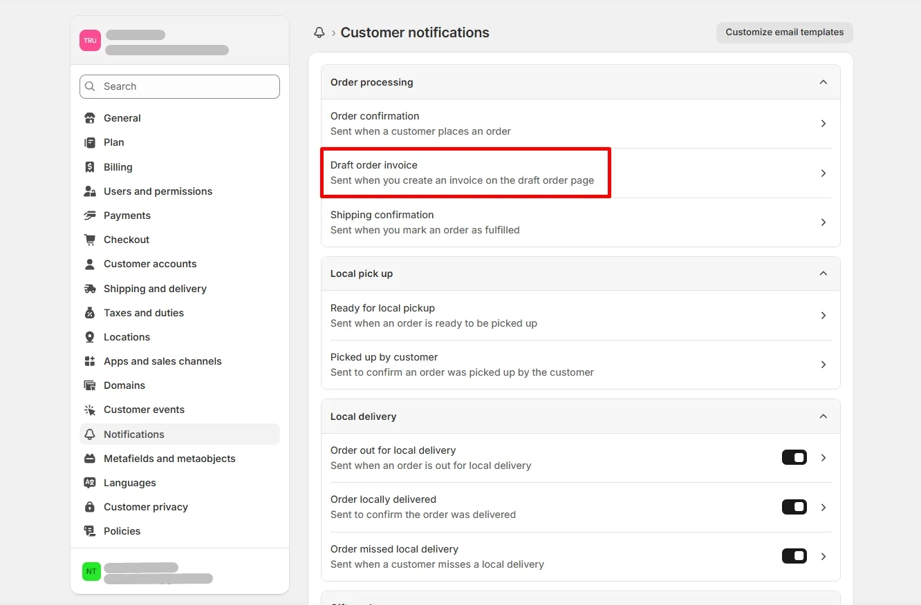Customize Shopify invoice step 1