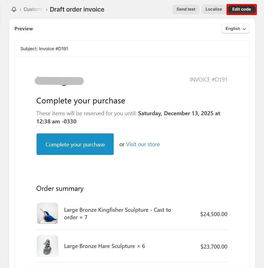 Customize Shopify invoice step 2