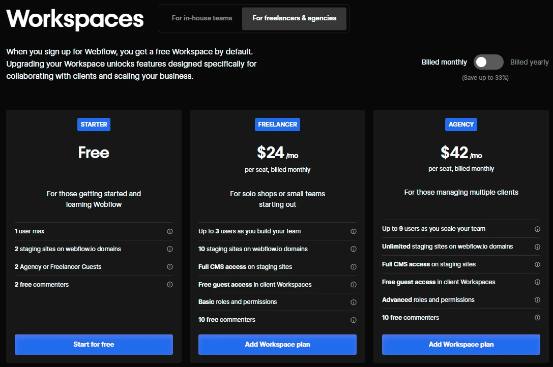 webflow pricing plans for freelancers and agencies 