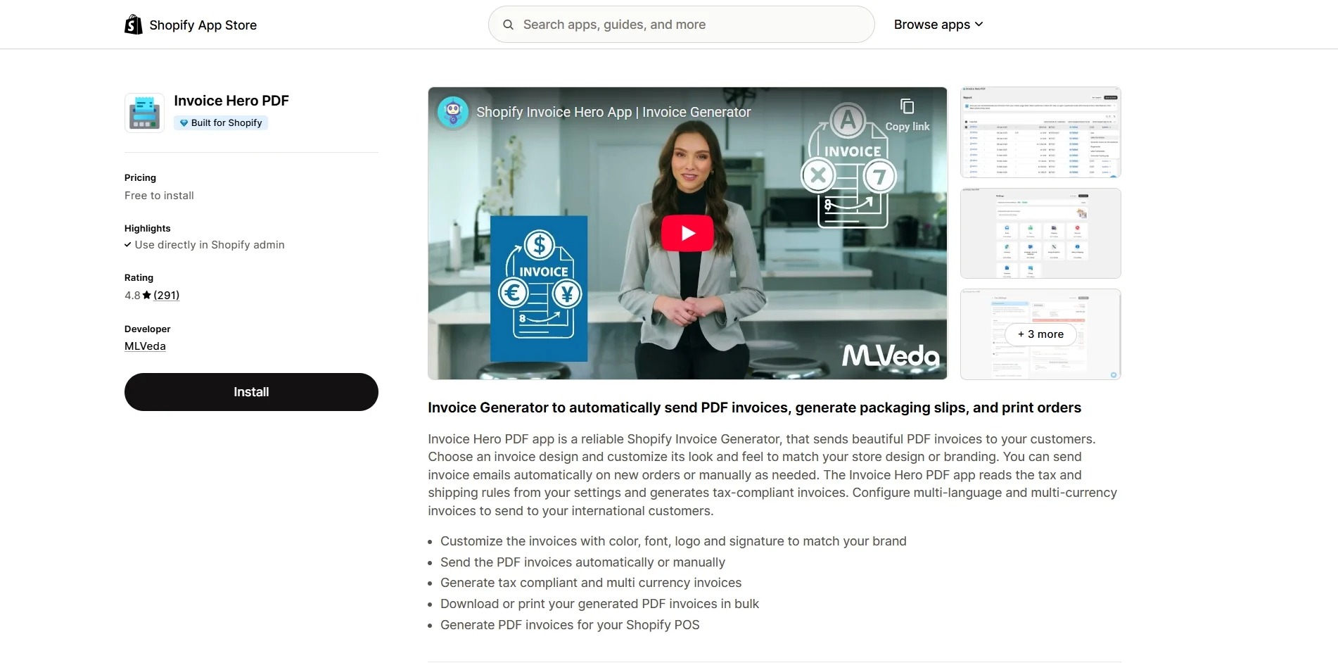Invoice Hero PDF app on Shopify store