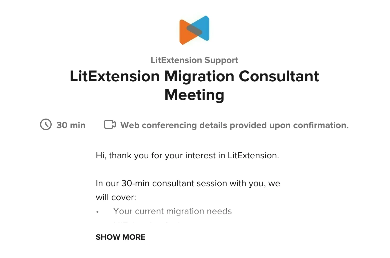 Book a meeting with LitExtension to migrate Webflow to Shopify