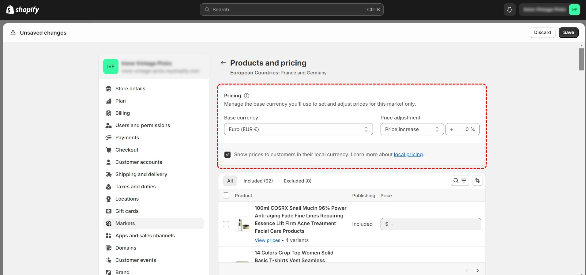 shopify markets products and pricing screen