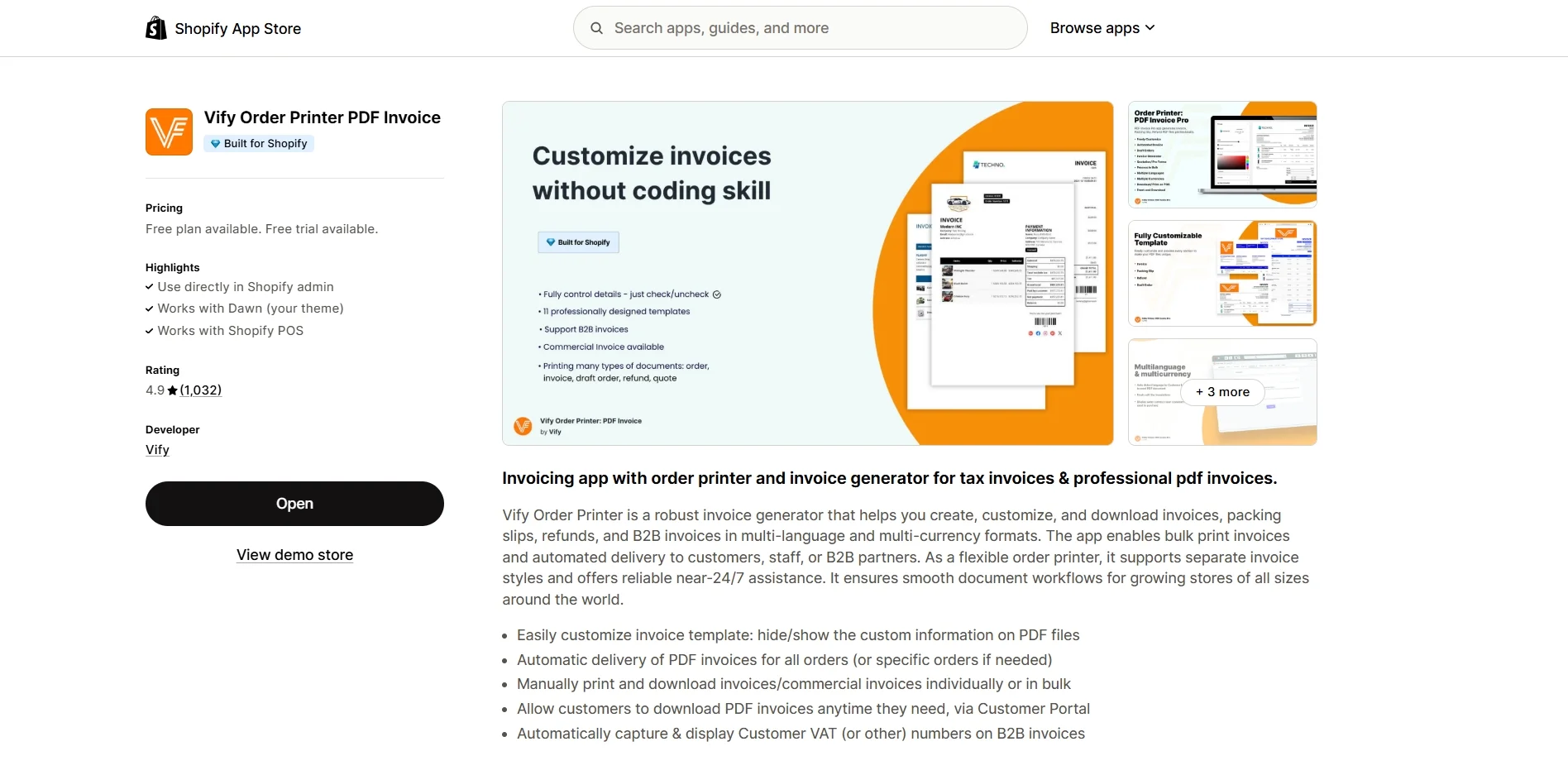Vifi Order Printer PDF Invoice Shopify app
