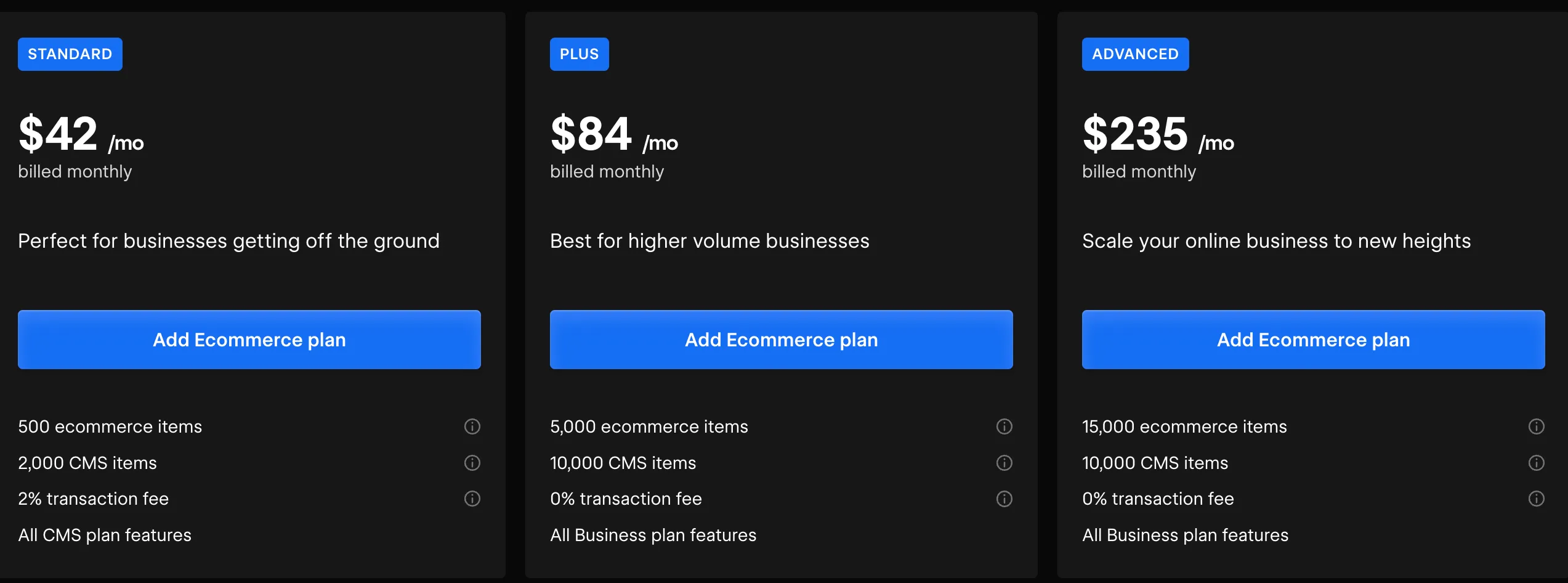 webflow pricing for ecommerce sites