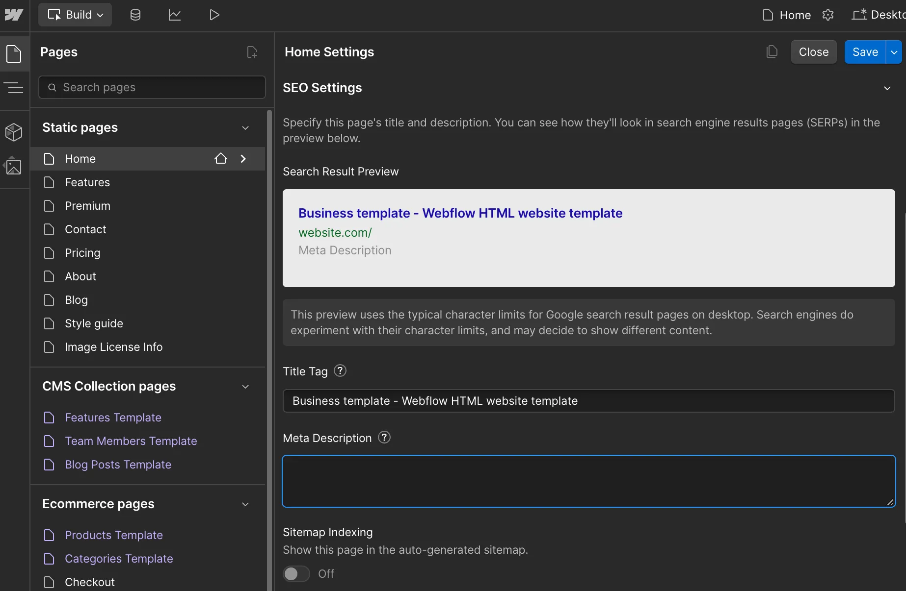 seo setting in webflow