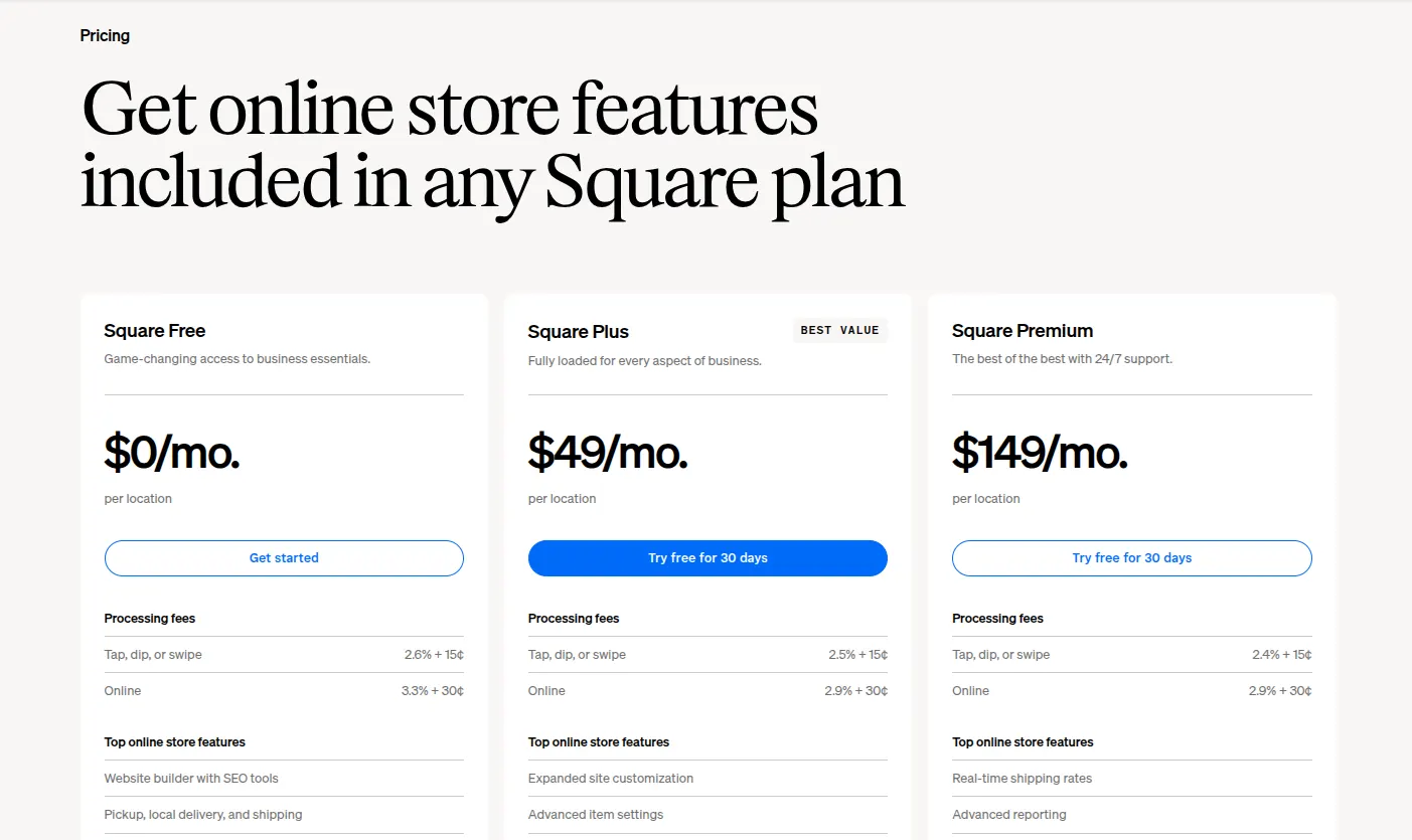 Square pricing plans