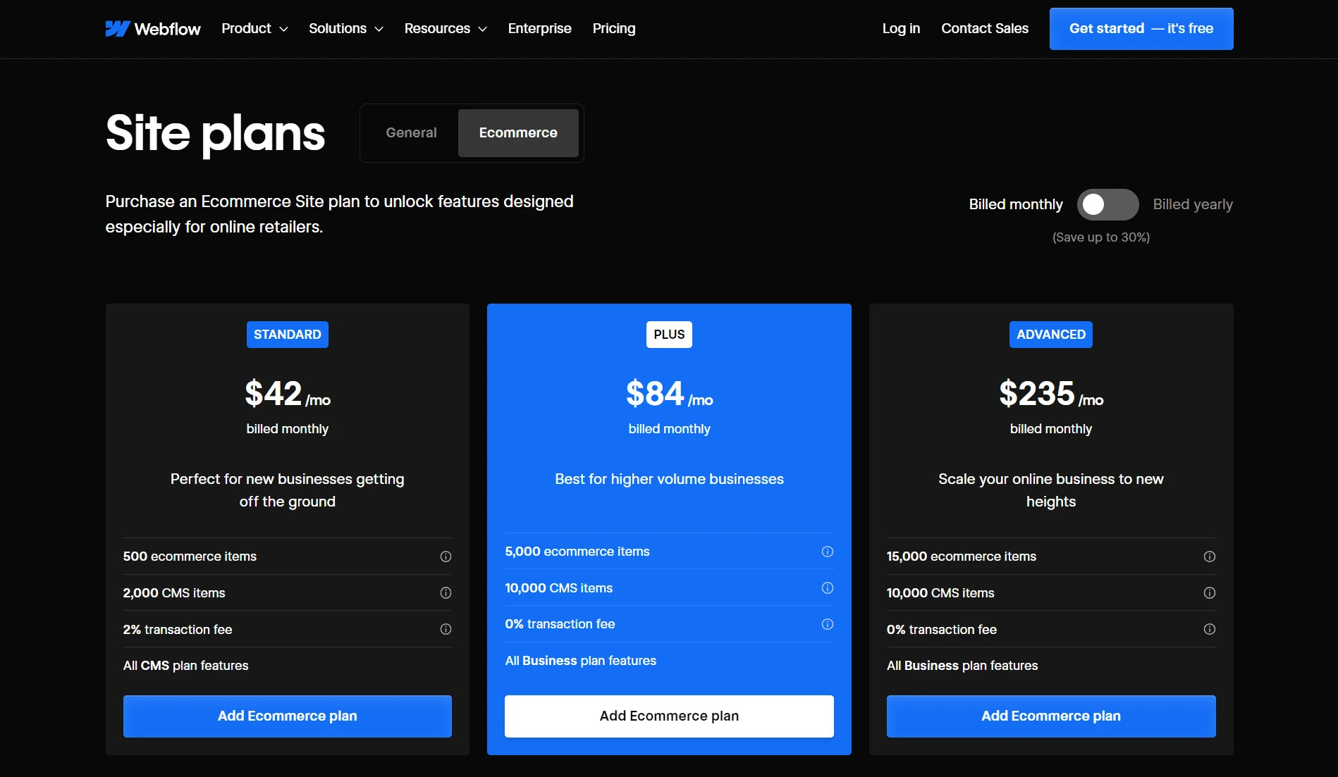 Webflow’s ecommerce pricing 