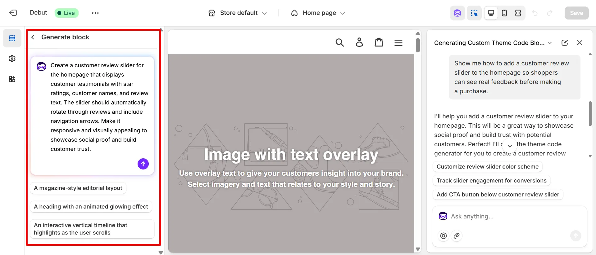 Generating theme block with Shopify Sidekick