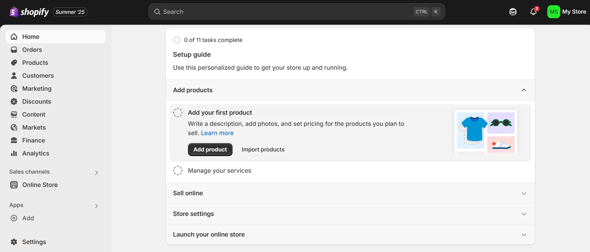 Shopify dashboard with a setup guide