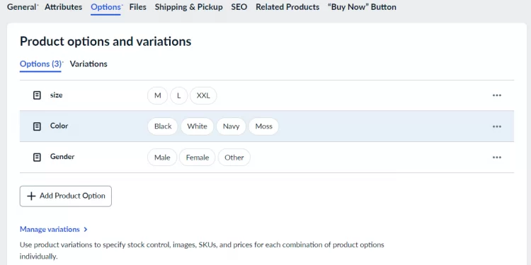 Ecwid product options