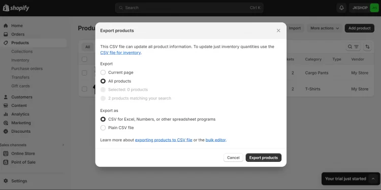 Export CSV files on Shopify