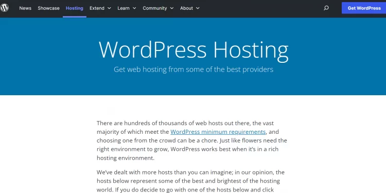 WordPress hosting tab on website