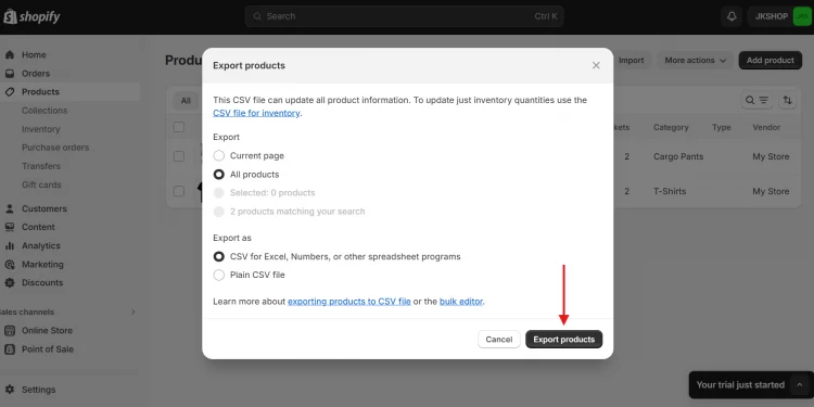 Export CSV files on Shopify