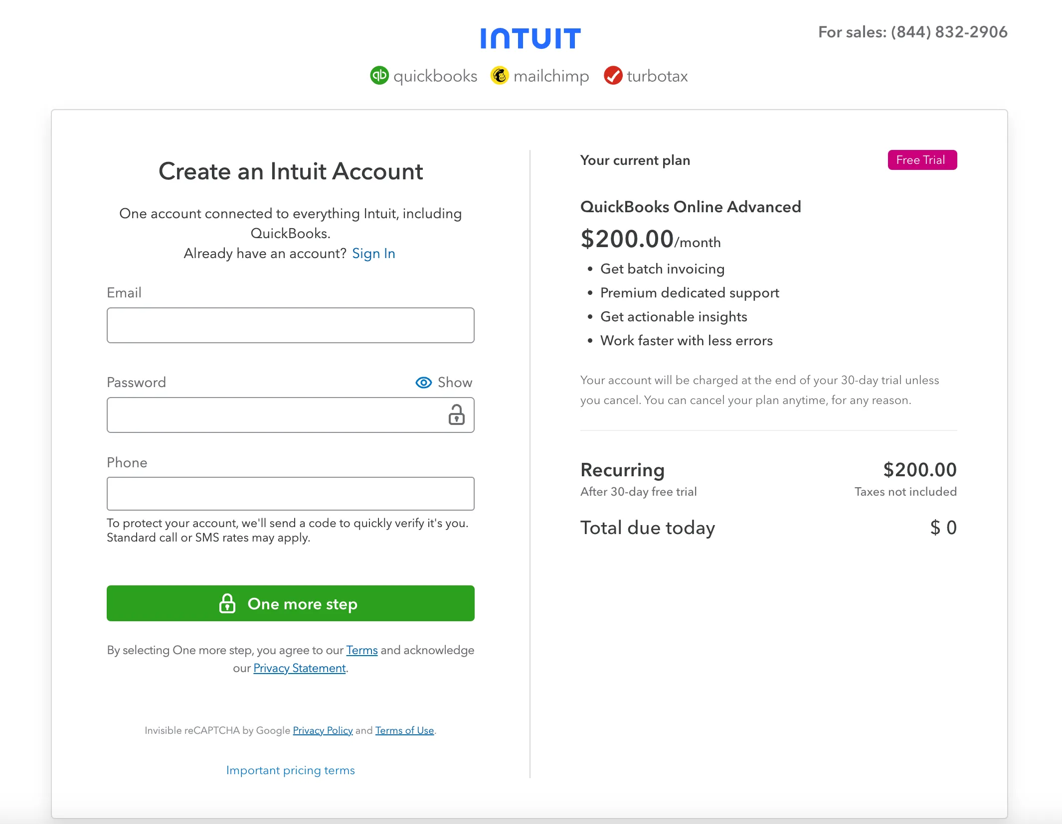 Register a QuickBooks account and choose a plan