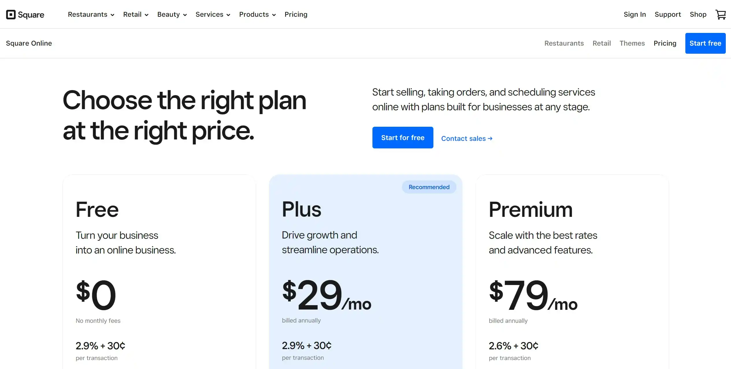 Square Online pricing