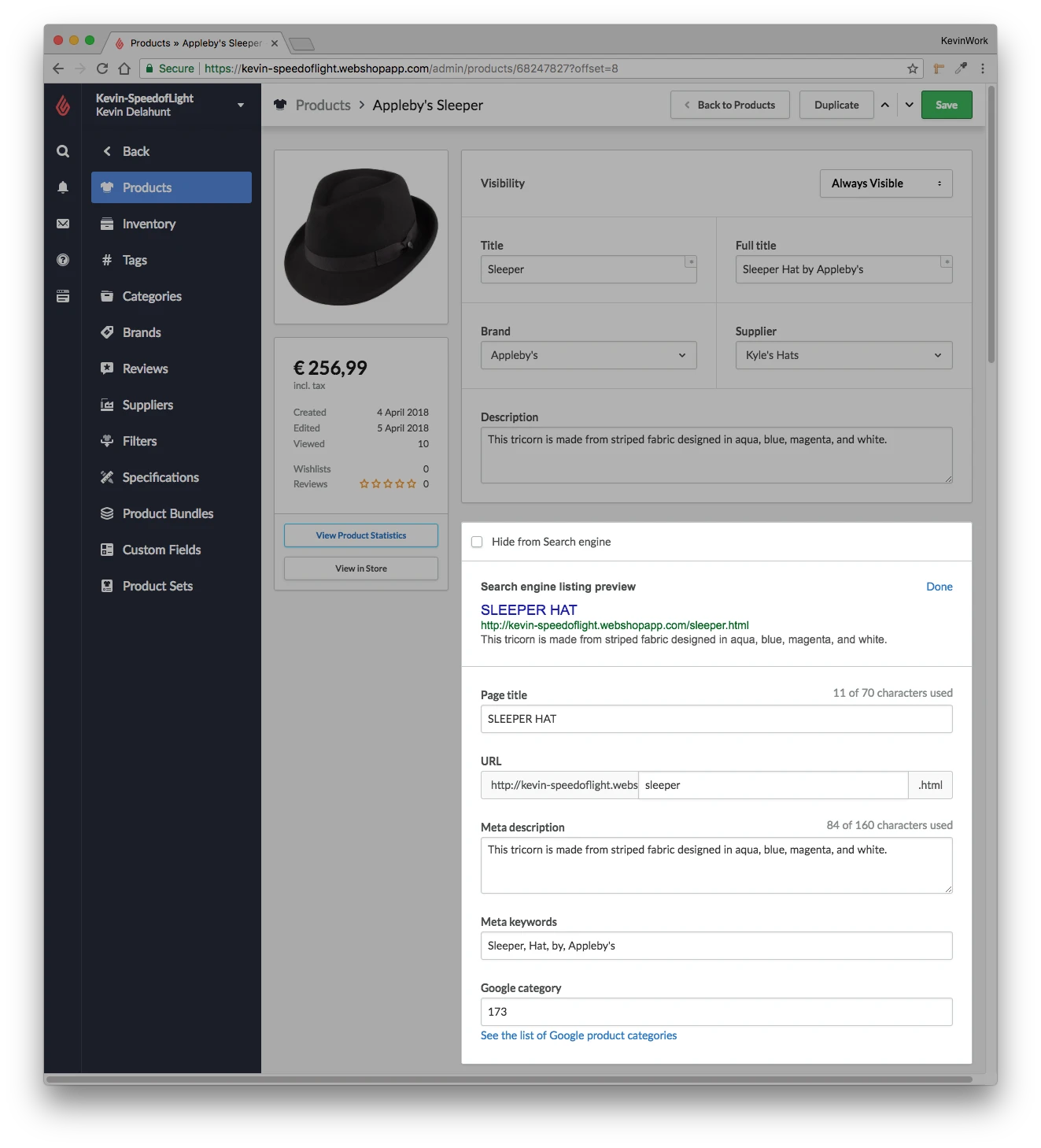 Lightspeed product SEO settings