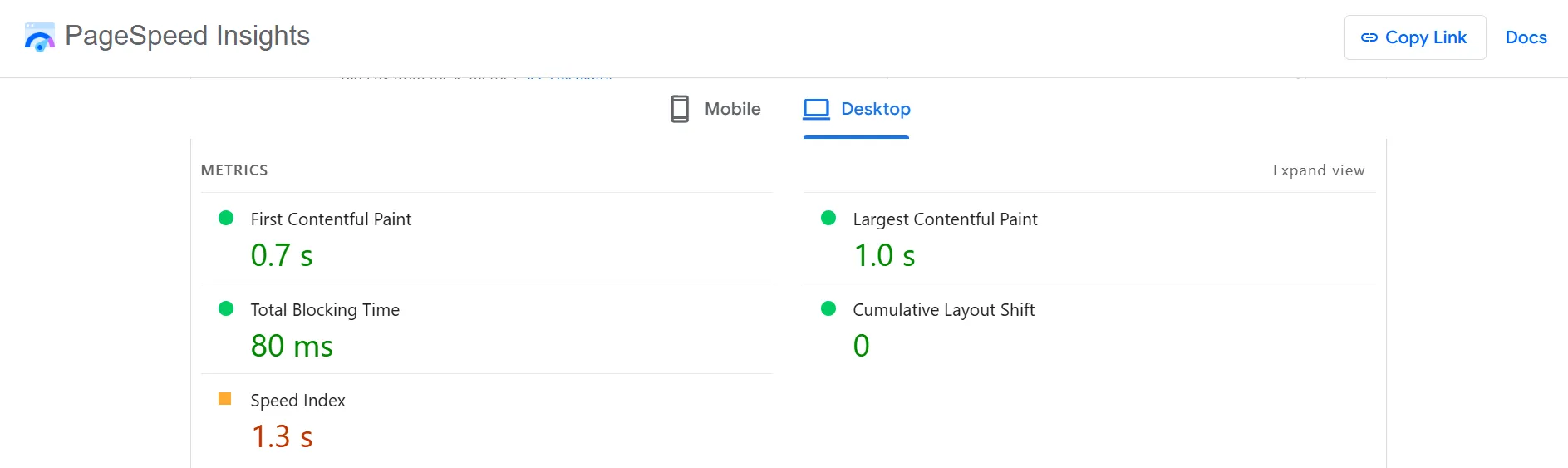 Astra Pagespeed test