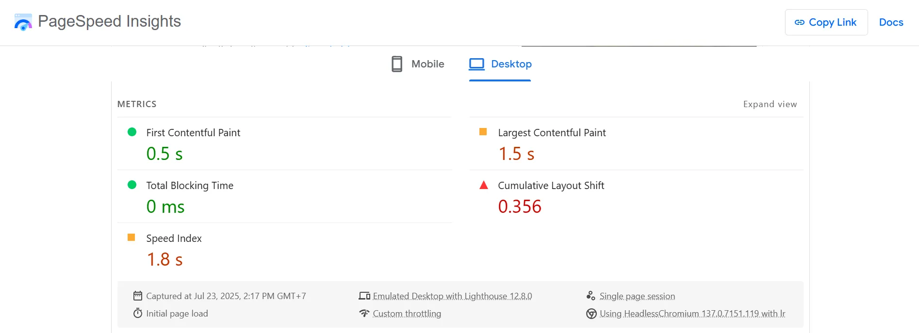 Divi PageSpeed test