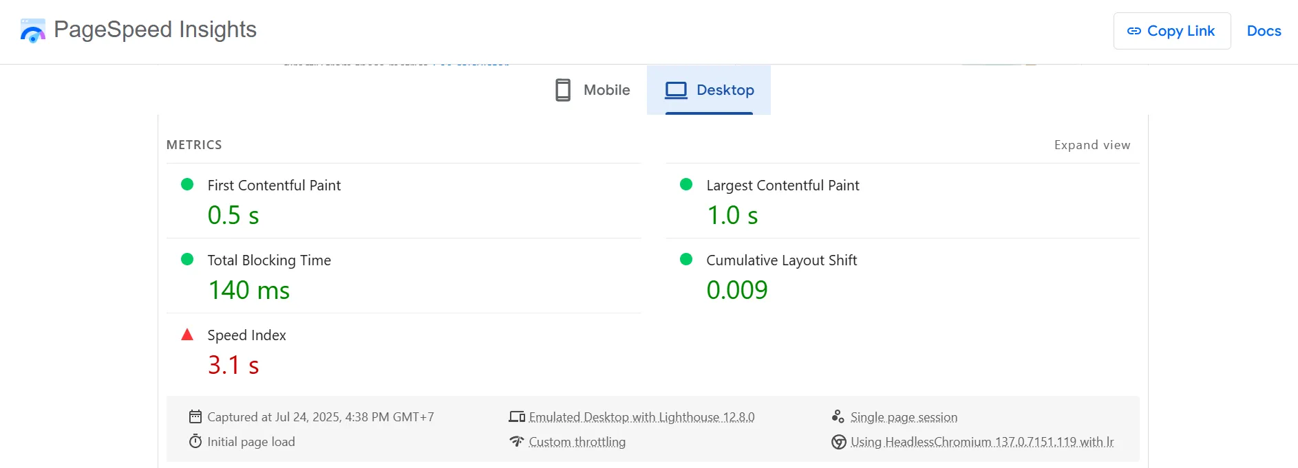 Ecosmus PageSpeed test
