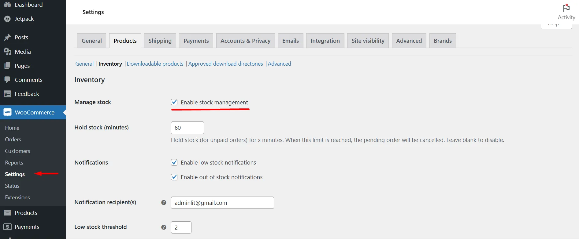 Enable stock management on WooCommerce