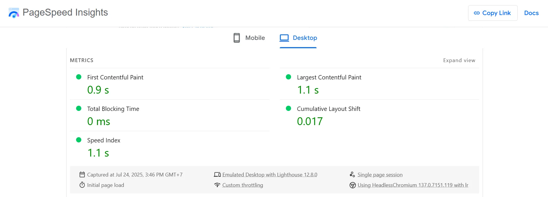 eStore PageSpeed test