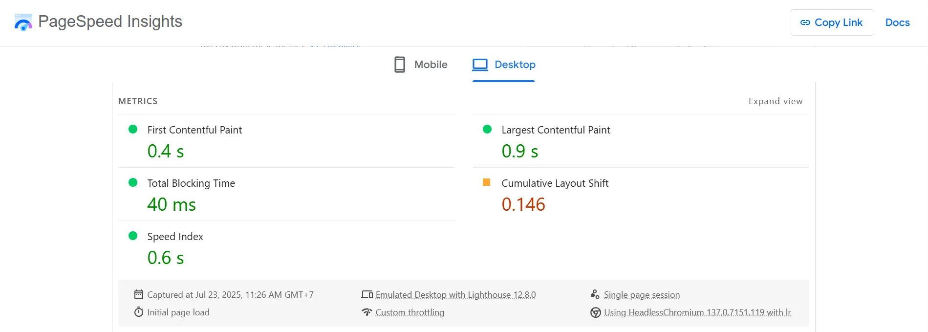 Flatsome Pagespeed test