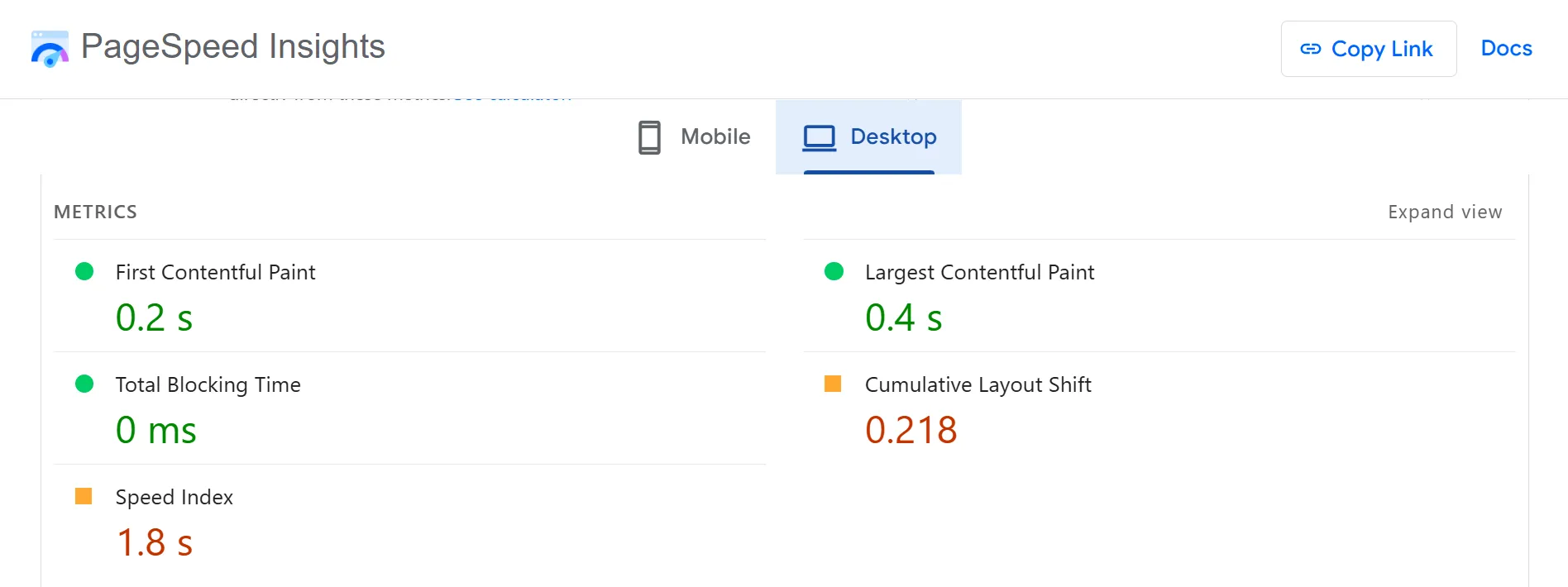 Hestia PageSpeed test