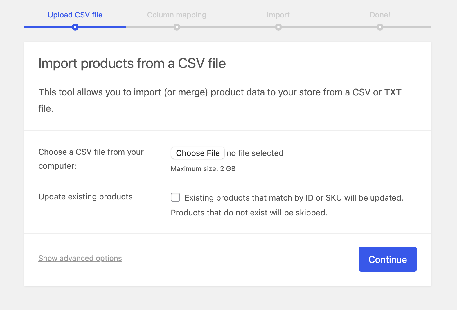 Step 2. Upload your file, adjust the CSV Delimiter, and click “Continue.”
