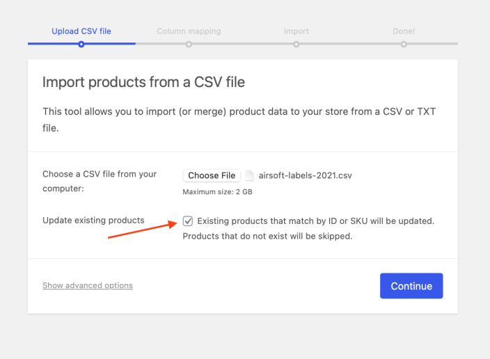 Step 5b: Upload CSV product the first time