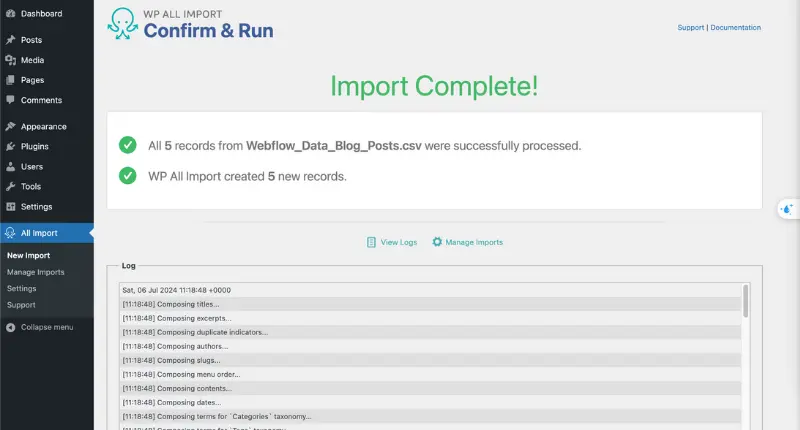 Completely import Webflow content to WordPress