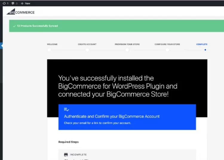 Successfully installed the BigCommerce for WordPress plugin