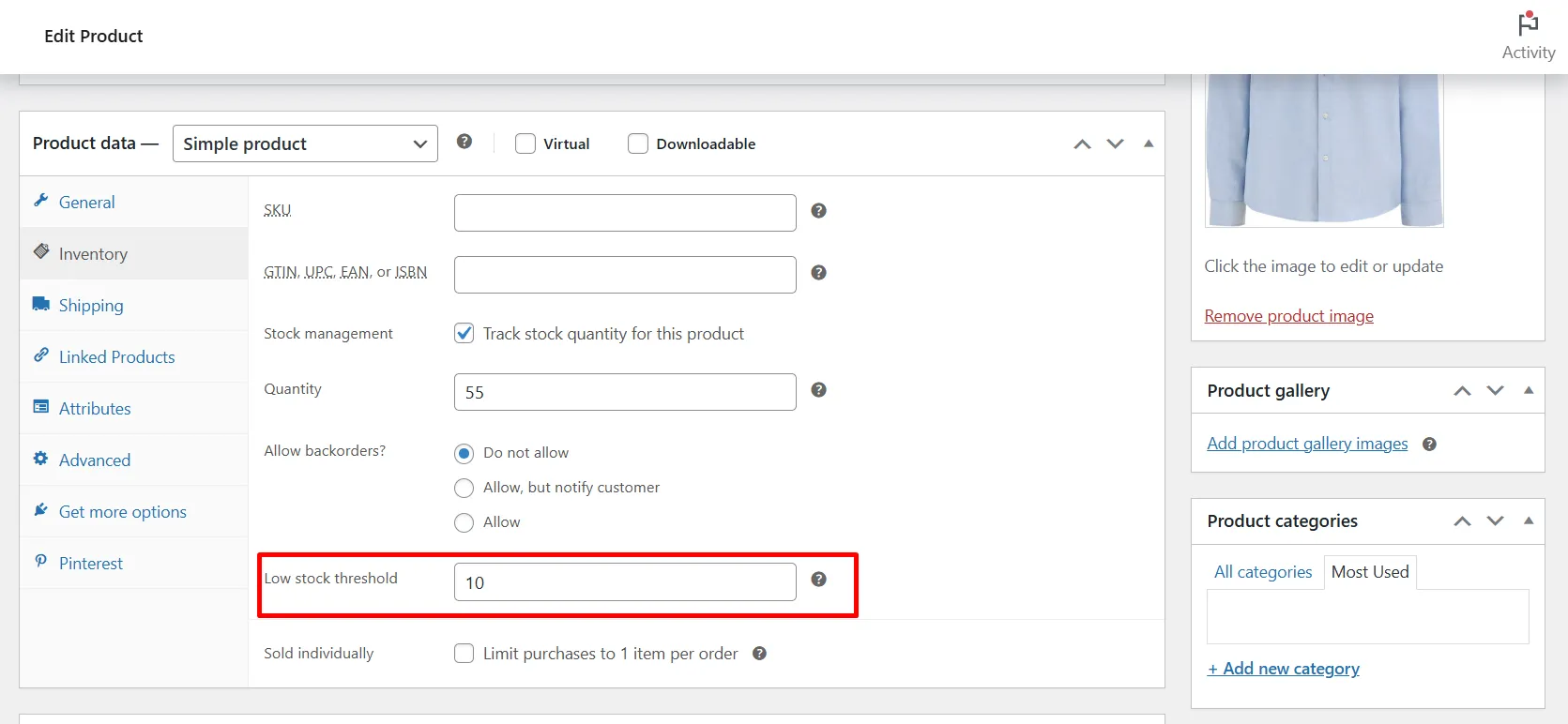 Set low stock threshold WooCommerce