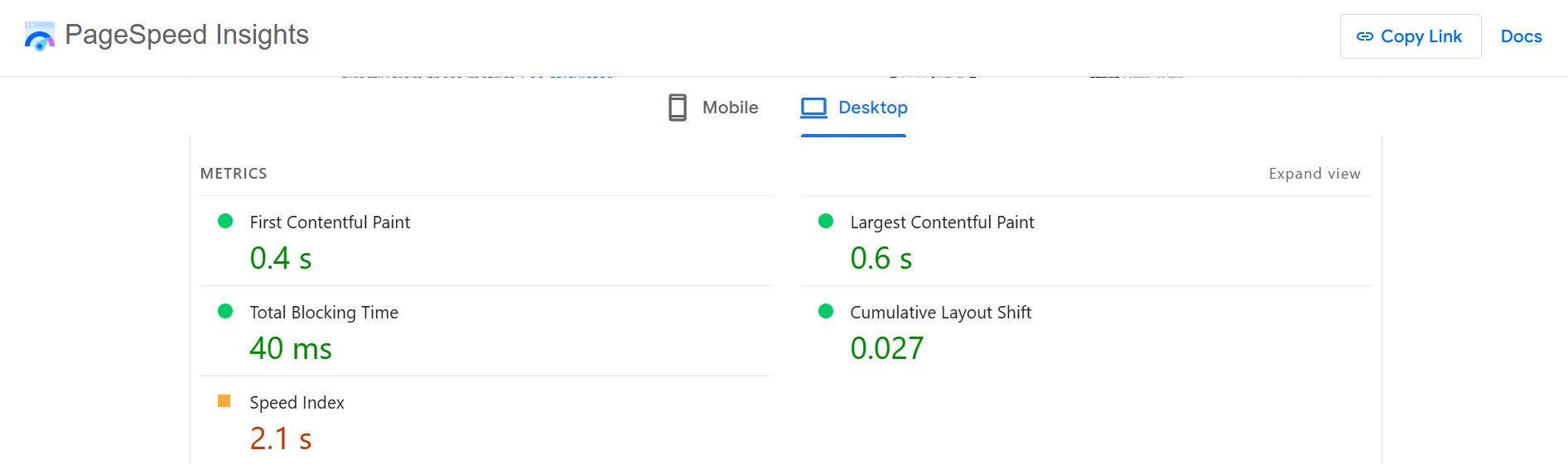 Neve PageSpeed test