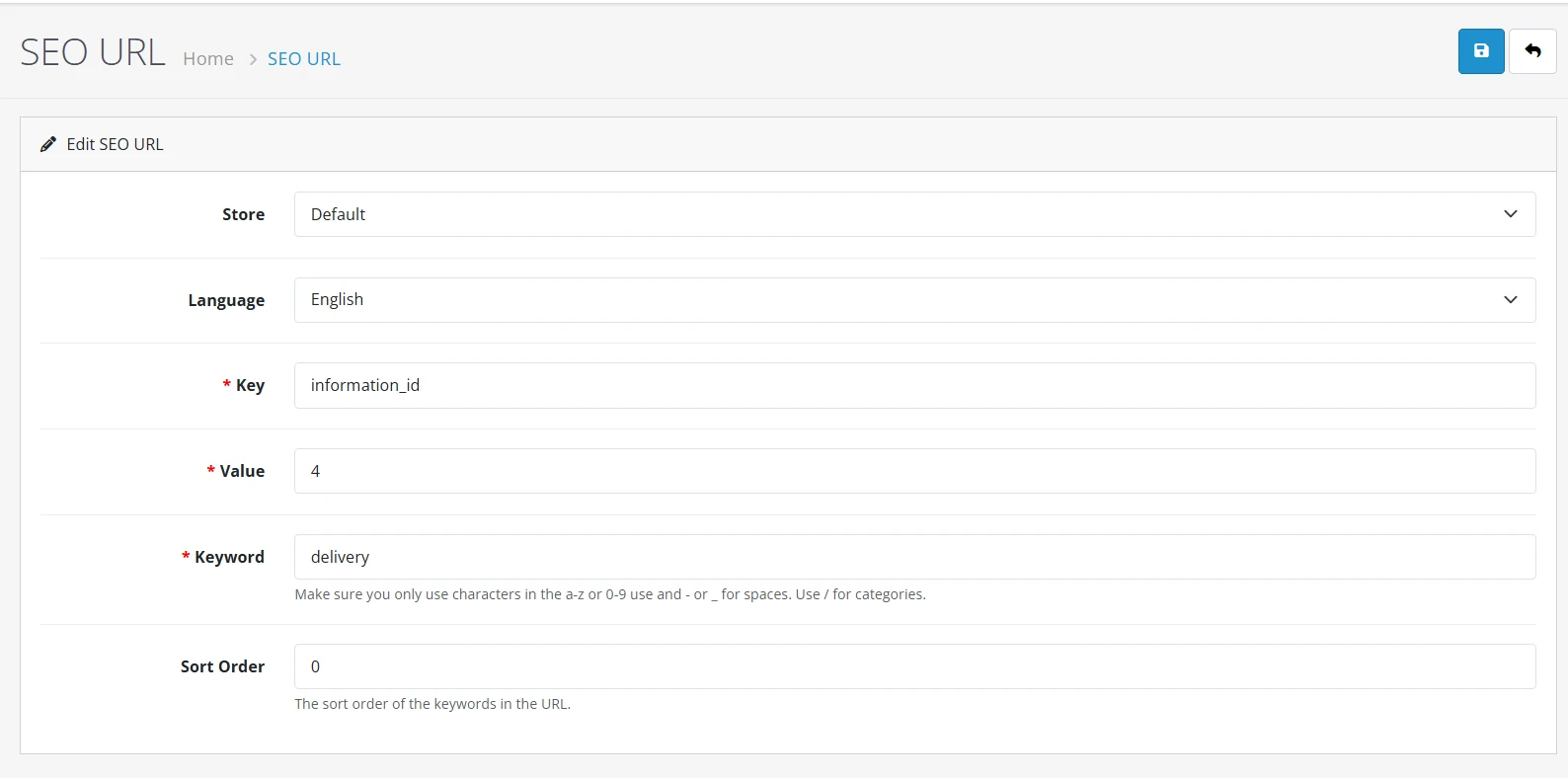 OpenCart SEO URL form