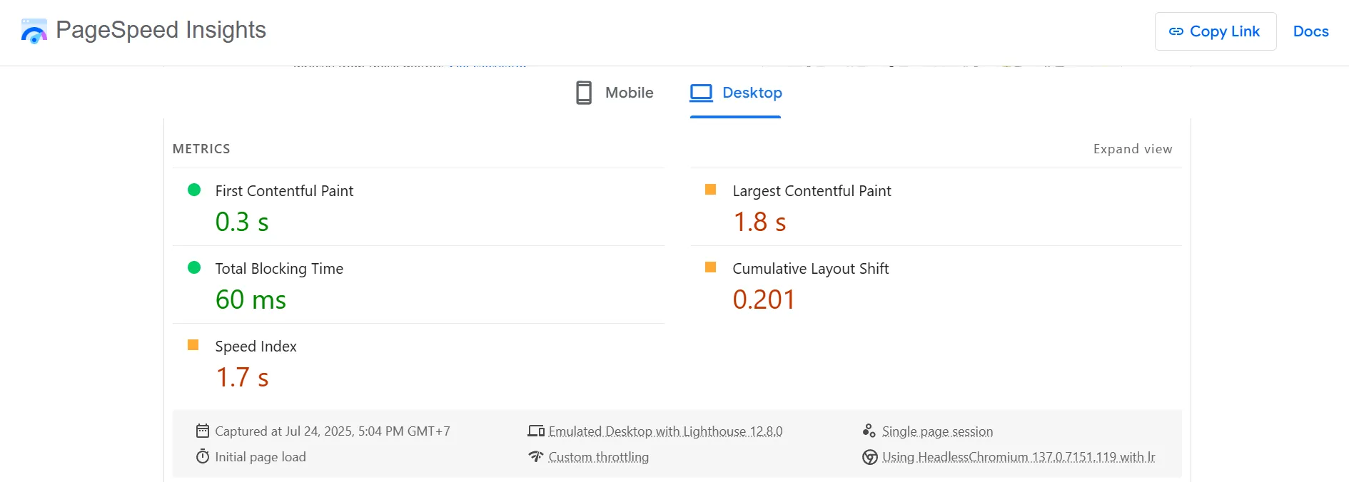 Orchid Store PageSpeed test