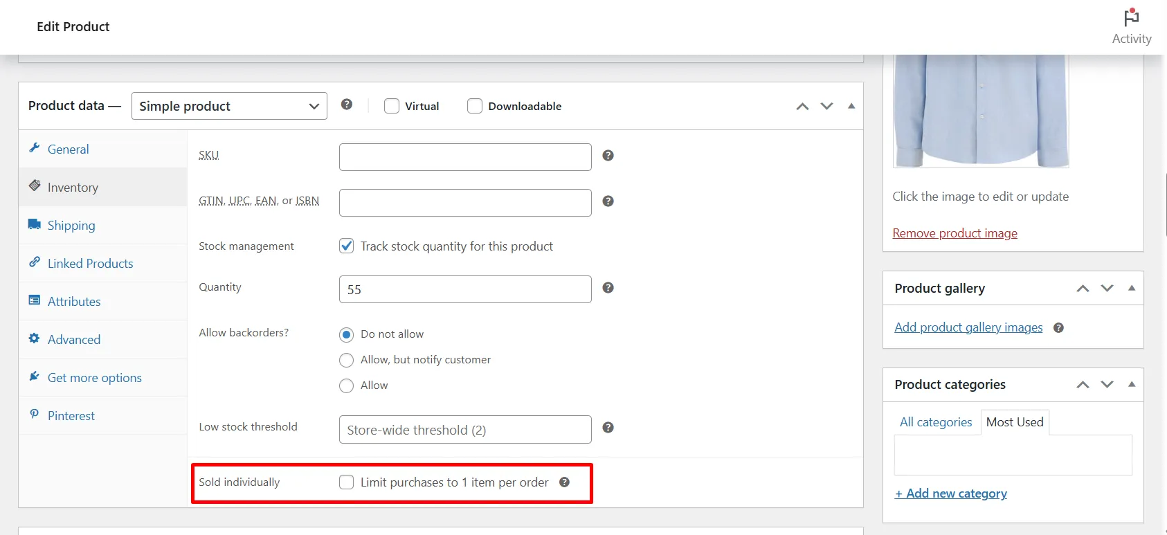 Sold individually settings on WooCommerce