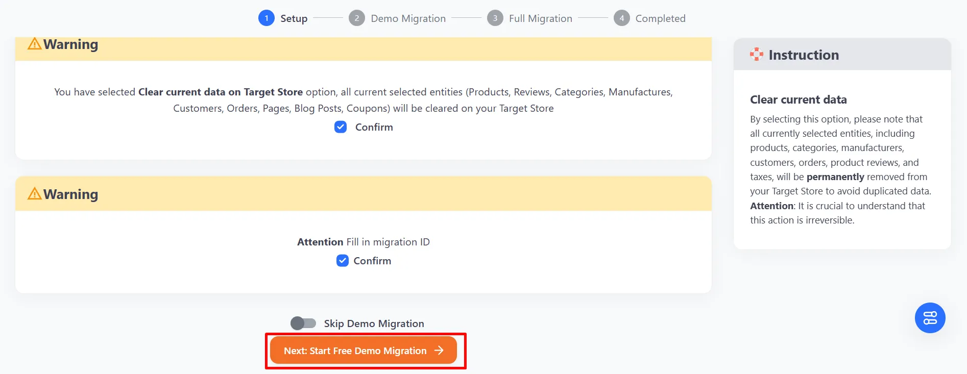 Step 3a: Start free demo migration