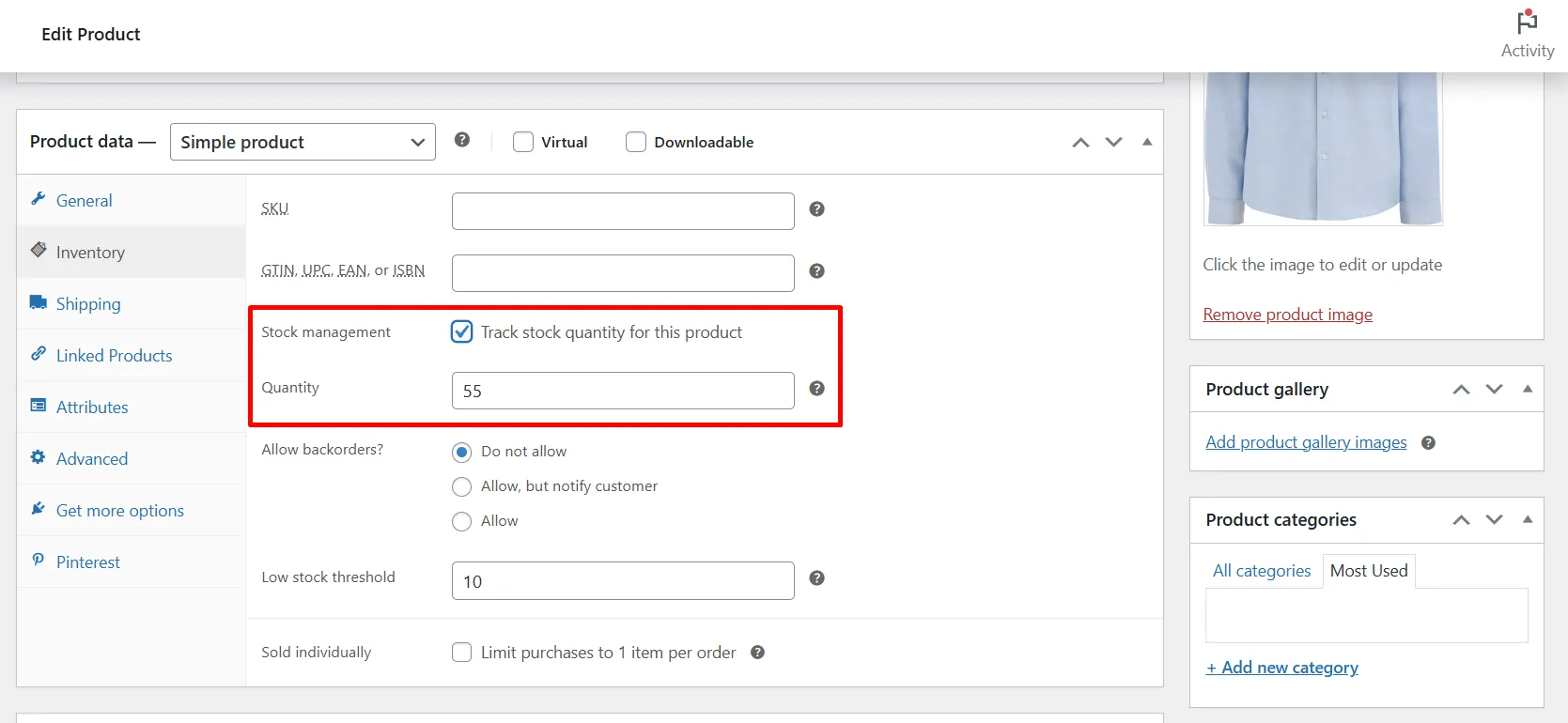 Update stock quantity on WooCommerce