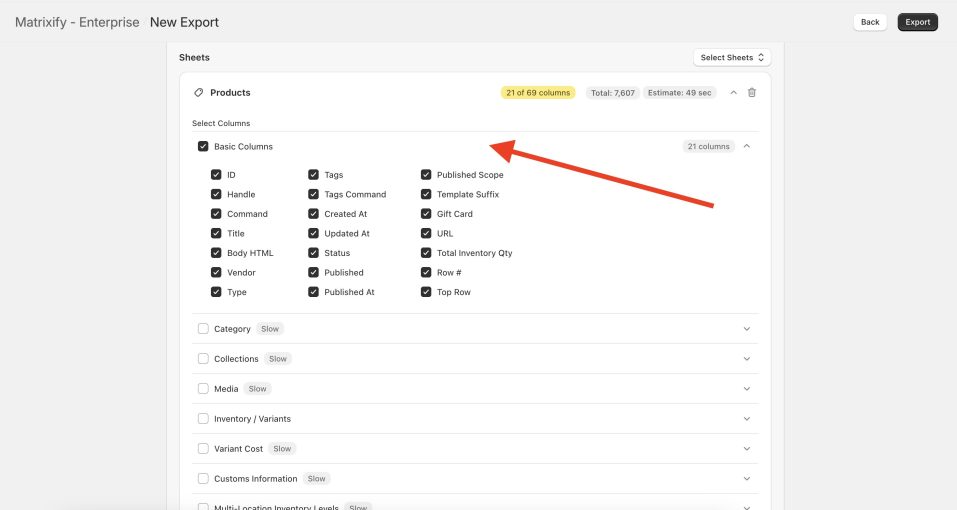 Step 2b: Configure basic columns options