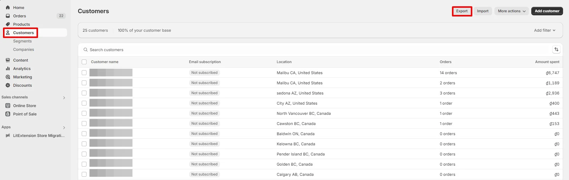 Export customers on Shopify