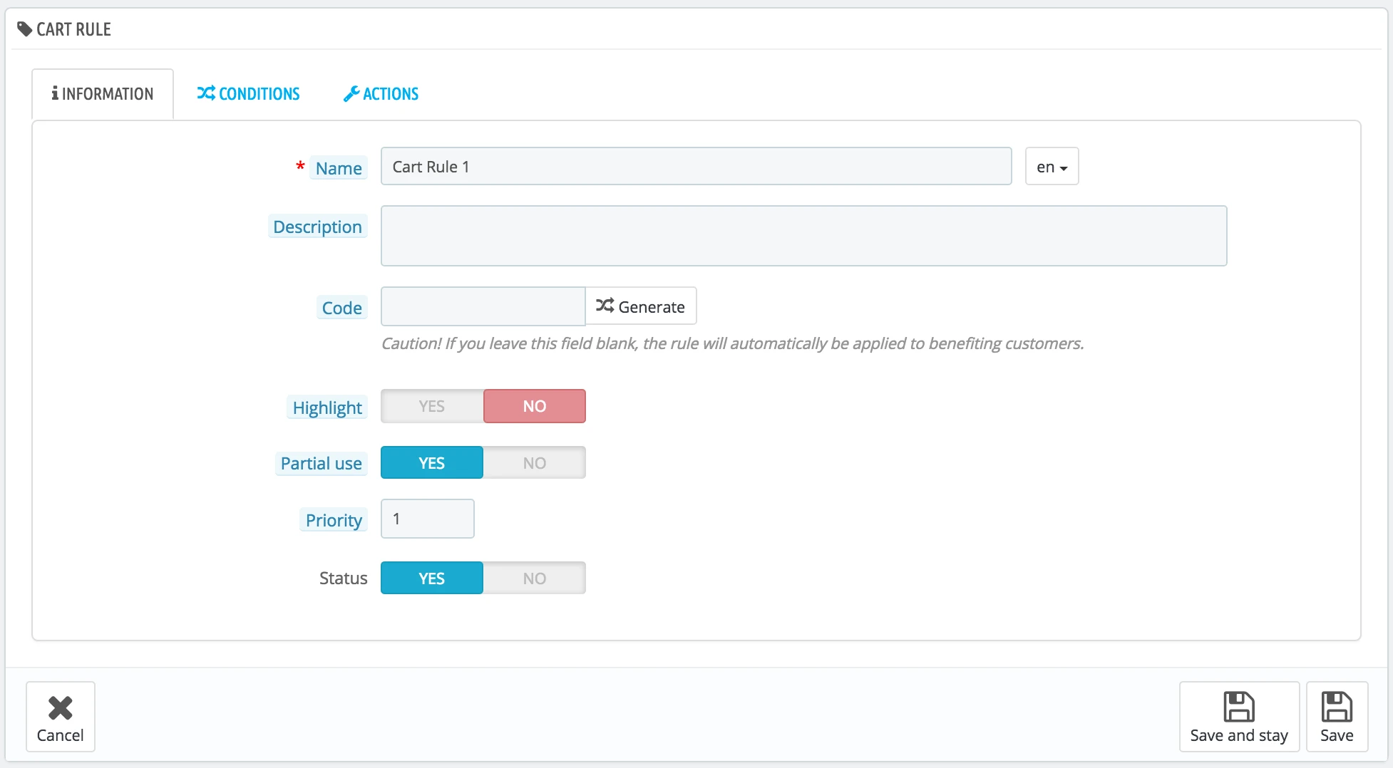 Create a cart rule on PrestaShop